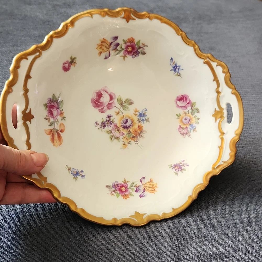Vintage German Reichenbach Scalloped Gold Rim Floral Fruit Bowl